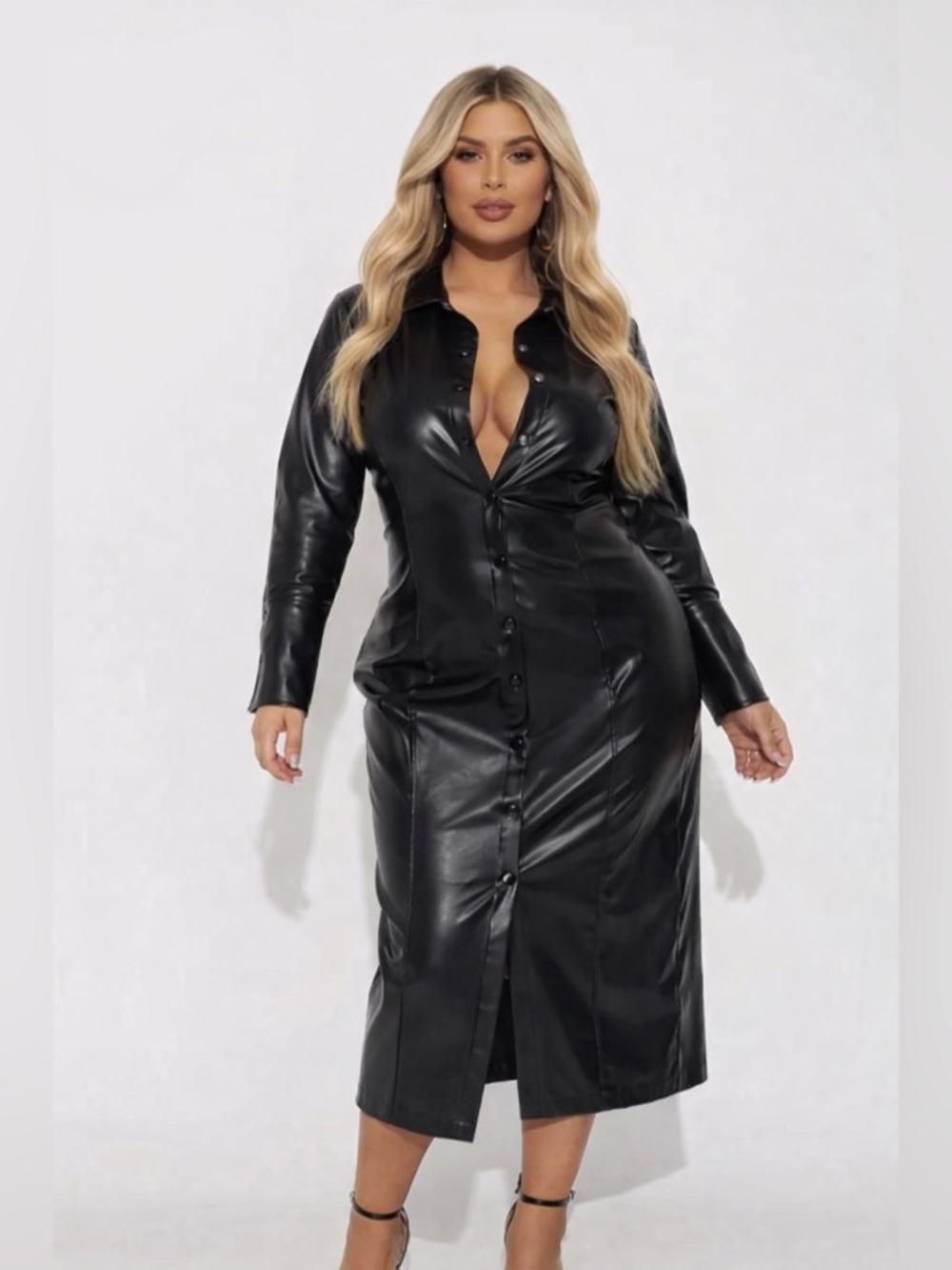 Fashion Nova NWT Button Up Faux Leather MIDI Dress 1X